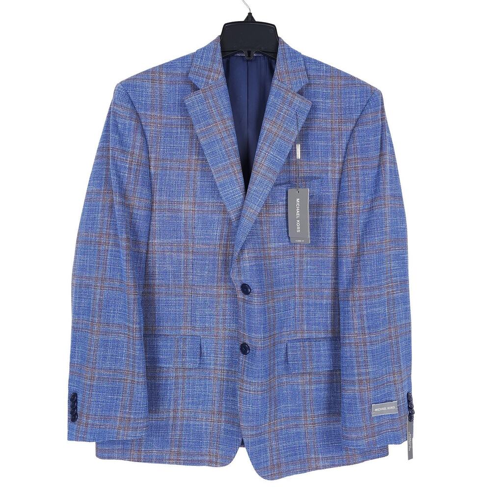 Michael Kors Mens Classic Fit Sport Coat Blazer 42L Blue Beige Plaid Stretch NWT